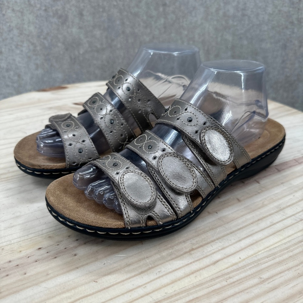 Clarks Leisa Cacti Q Sandals Womens 9 Pewter Metallic Leather Triple Strap Slide